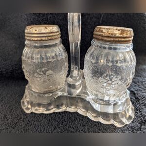 Vintage Glass Salt and Pepper Set with Holder